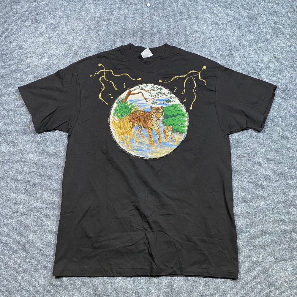 Vintage Hanes Heavyweight Tiger Graphic T-Shirt Black Single Stitch‎ XL USA Made
